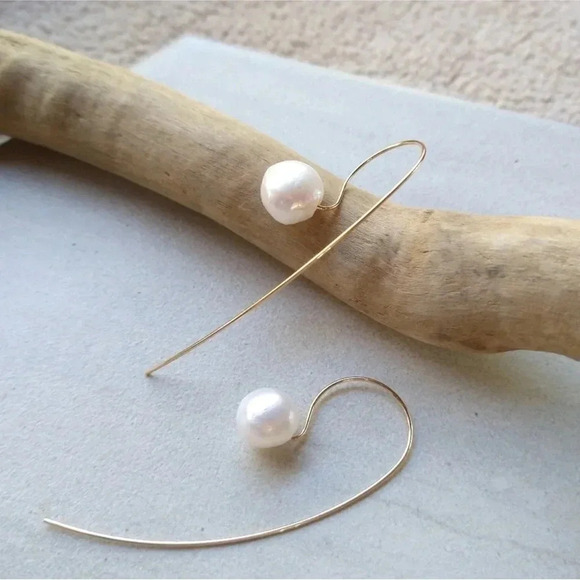 2 LEFT! Pearl Threader Earrings Gold Natural Baroque - Picture 11 of 13